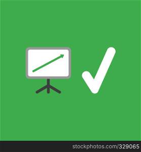 Flat vector icon concept of sales chart with arrow moving up and check mark on green background.