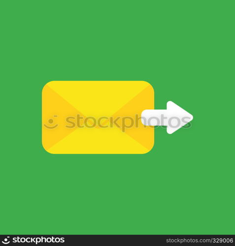Flat vector icon concept of sent mail envelope with arrow moving right on green background.