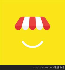 Flat vector icon concept of shop store awning with smiling mouth on yellow background.