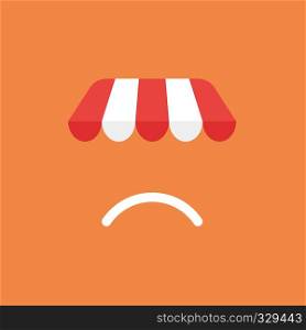 Flat vector icon concept of shop store awning with sulking mouth on orange background.