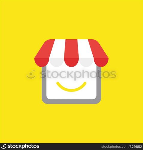 Flat vector icon concept of shop store with smiling mouth on yellow background.
