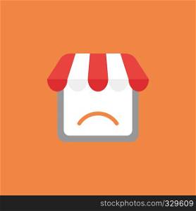 Flat vector icon concept of shop store with sulking mouth on orange background.