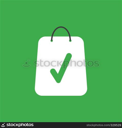 Flat vector icon concept of shopping bag with check mark on green background.