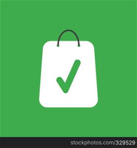 Flat vector icon concept of shopping bag with check mark on green background.