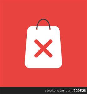 Flat vector icon concept of shopping bag with x mark on red background.