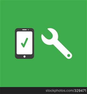 Flat vector icon concept of smartphone with check mark and spanner on green background.