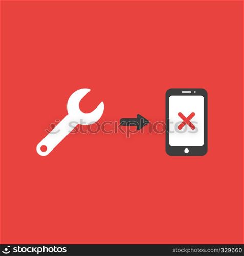 Flat vector icon concept of spanner and smartphone with x mark on red background.