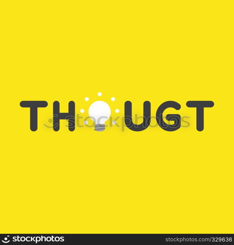 Flat vector icon concept of thought word with glowing light bulb on yellow background.