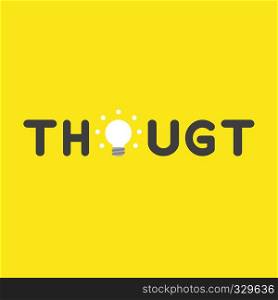 Flat vector icon concept of thought word with glowing light bulb on yellow background.