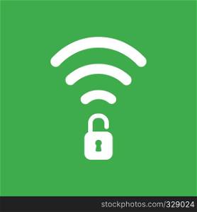 Flat vector icon concept of wireless wifi symbol with opened padlock on green background.