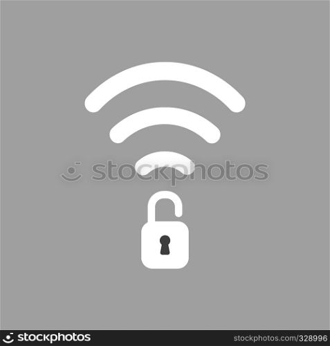 Flat vector icon concept of wireless wifi symbol with opened padlock on grey background.