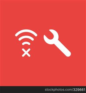 Flat vector icon concept of wireless wifi symbol with x mark and spanner on red background.