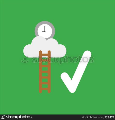 Flat vector icon concept of wooden ladder and clock on cloud with check mark on green background.