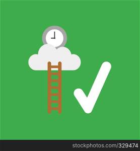 Flat vector icon concept of wooden ladder and clock on cloud with check mark on green background.