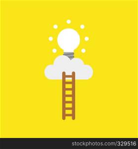 Flat vector icon concept of wooden ladder and glowing light bulb on cloud on yellow background.