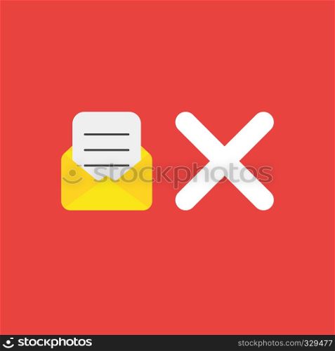 Flat vector icon concept of written paper inside mail envelope and x mark on red background.
