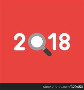 Flat vector icon concept of year of 2018 with magnifying glass on red background.