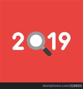 Flat vector icon concept of year of 2019 with magnifying glass on red background.
