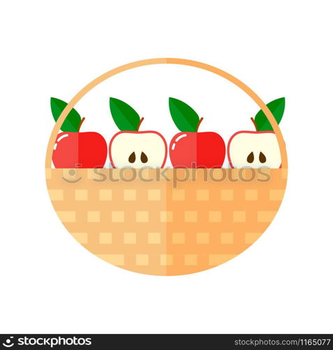 flat vector illustration. a basket of red apples and half.. flat vector illustration. a basket of red apples