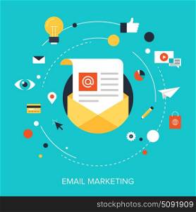 Flat vector illustration concept of e-mail marketing on blue background.