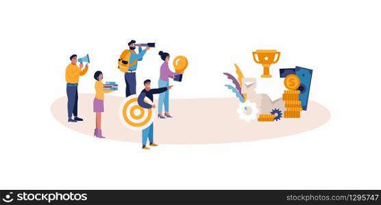 Flat vector illustration concept of successful startup with group of people on white background with common aim. Teamwork with roles to achive goal. Victory cup is standing at books, money and papers.. Illustration concept of successful startup with group of people with common aim.