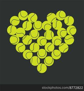 Flat vector illustration. Hand drawn tennis balls in heart shape. Love tennis. Clipart isolated on white background