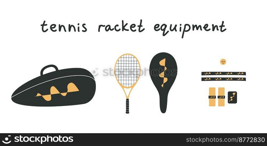 Flat vector illustration. Hand drawn tennis equipment, racket, bag, grip, protection. Clipart isolated on white background