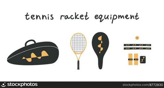 Flat vector illustration. Hand drawn tennis equipment, racket, bag, grip, protection. Clipart isolated on white background