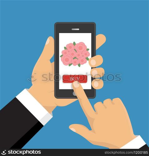 Flat vector illustration. Hand hold smart phone. Application of online flower delivery. . Hand hold smart phone. Application of online flower delivery. Flat vector illustration