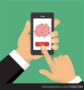 Flat vector illustration. Hand hold smart phone. Application of online flower delivery. . Hand hold smart phone. Application of online flower delivery. Flat vector illustration
