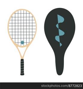 Flat vector illustration in childish style. Hand drawn tennis racket with a case. Clipart isolated on white background