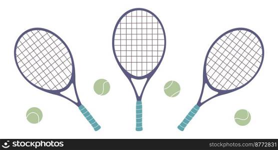Flat vector illustration in childish style. Hand drawn tennis rackets and balls. Clipart isolated on white background