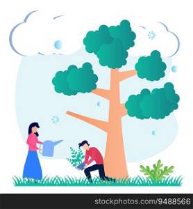 Flat vector illustration of a character planting a tree. The concept of caring for the environment and volunteerism. Reforestation.