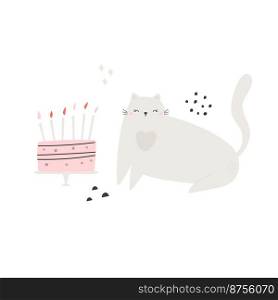 Flat vector illustration of a funny cat sitting with a Birthday cake. Perfect for prints, greeting cards, frame art. Flat vector illustration of a funny cat sitting with a Birthday cake