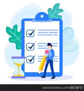 Flat vector illustration of a positive business character pointing in the direction marked with checklist on blackboard paper. Successfully complete business tasks.