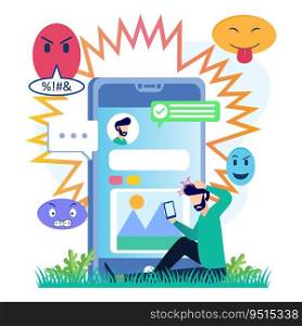 Flat vector illustration of bullying and hate speech on social media. Psychological trauma from negative website comments and emotional frustration.