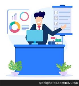 Flat vector illustration of business consulting with expert help and financial advice. Motivating beginners with brilliant business ideas.