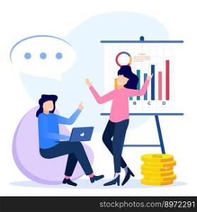 Flat vector illustration of business consulting with expert help and financial advice. Motivating beginners with brilliant business ideas.