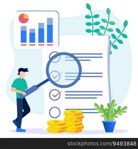 Flat vector illustration of business man analyzing problem, marketing, business concept. Checking documents and analyzing the situation for its business development.