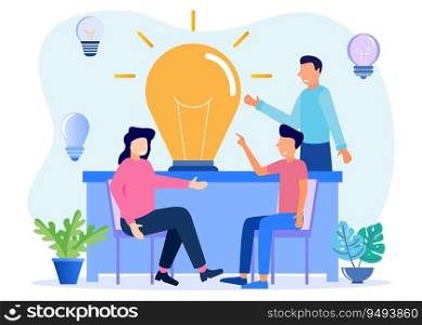 Flat vector illustration of business people looking for ideas and innovation, making new decisions, rising career to success, filled with bright thoughts and ideas.