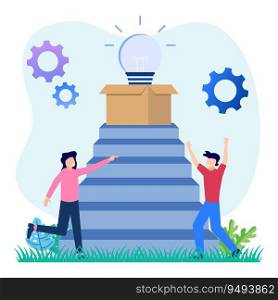 Flat vector illustration of business people looking for ideas and innovation, making new decisions, rising career to success, filled with bright thoughts and ideas.