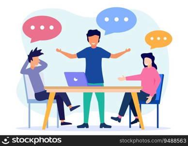 Flat vector illustration of business people sitting at negotiating table, analysis of company information, collective thinking and brainstorming.