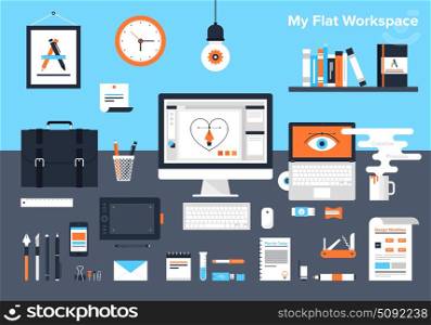 Flat vector illustration of designer&rsquo;s workplace.