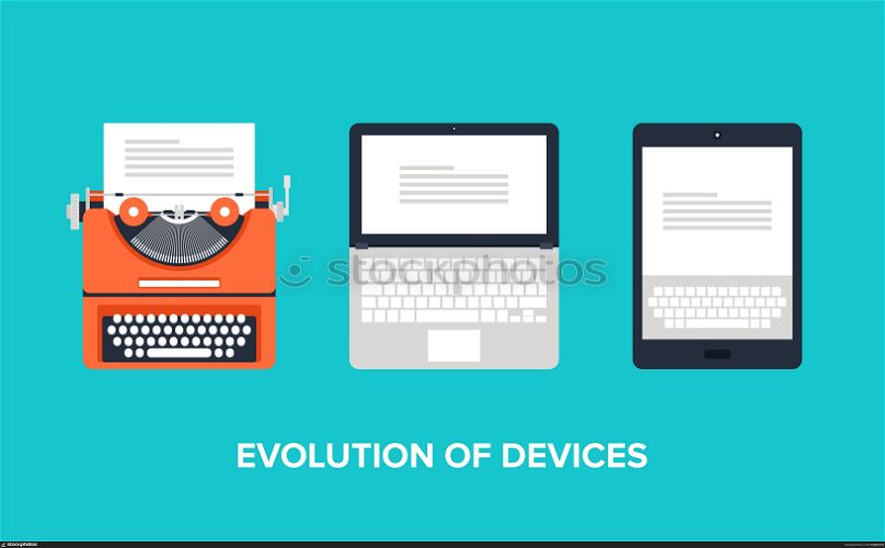 Flat vector illustration of evolution of devices from typewriter to laptop and tablet.