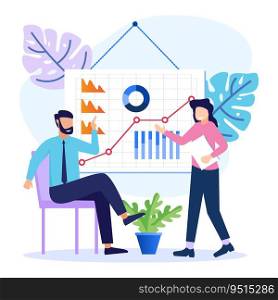 Flat vector illustration of financial efficiency and growth information reflection in a flipchart schematic or diagram. Target and revenue in company data presentation.