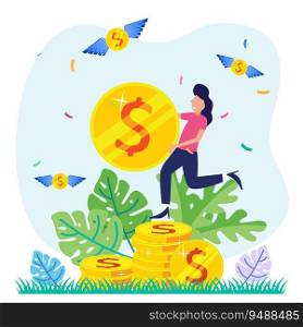 Flat vector illustration of happy businesswoman getting cash. Save money, get high income profit.