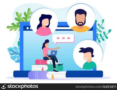 Flat vector illustration of online discussion and video conferencing concept. Office worker working Remotely from home using Laptop for Video Meeting with colleagues.