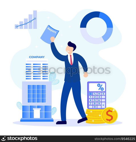 Flat vector illustration of payroll and employee payroll reports. Calculation of company income, tax revenue and budget planning.