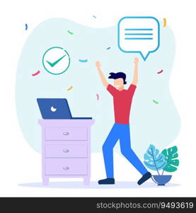 Flat vector illustration of successful technology concept at work. Happy people character sitting with raised hands across computer screen celebrating success.