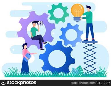 Flat vector illustration of work operation and work productivity of gear mechanism as symbol. Business project workflow. Process automation with effective monitoring.